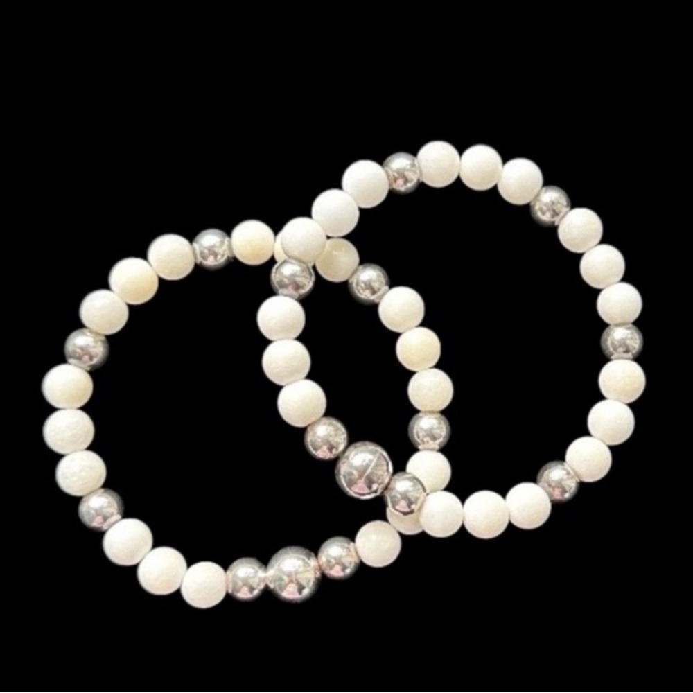 Set of 2 Milor Italy .925 Sterling Silver White Agate Beaded Bracelets